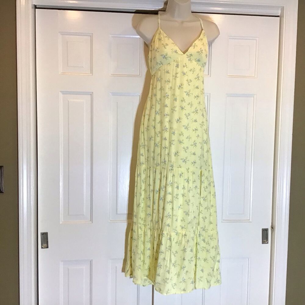 Hollister Butter Yellow Floral Babydoll Tie Back Tiered Maxi Dress L Coastal